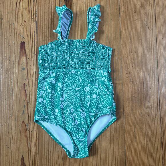 Crown & Ivy green white smocked ruffle strap swimsuit SIZE 6 - Picture 5 of 5